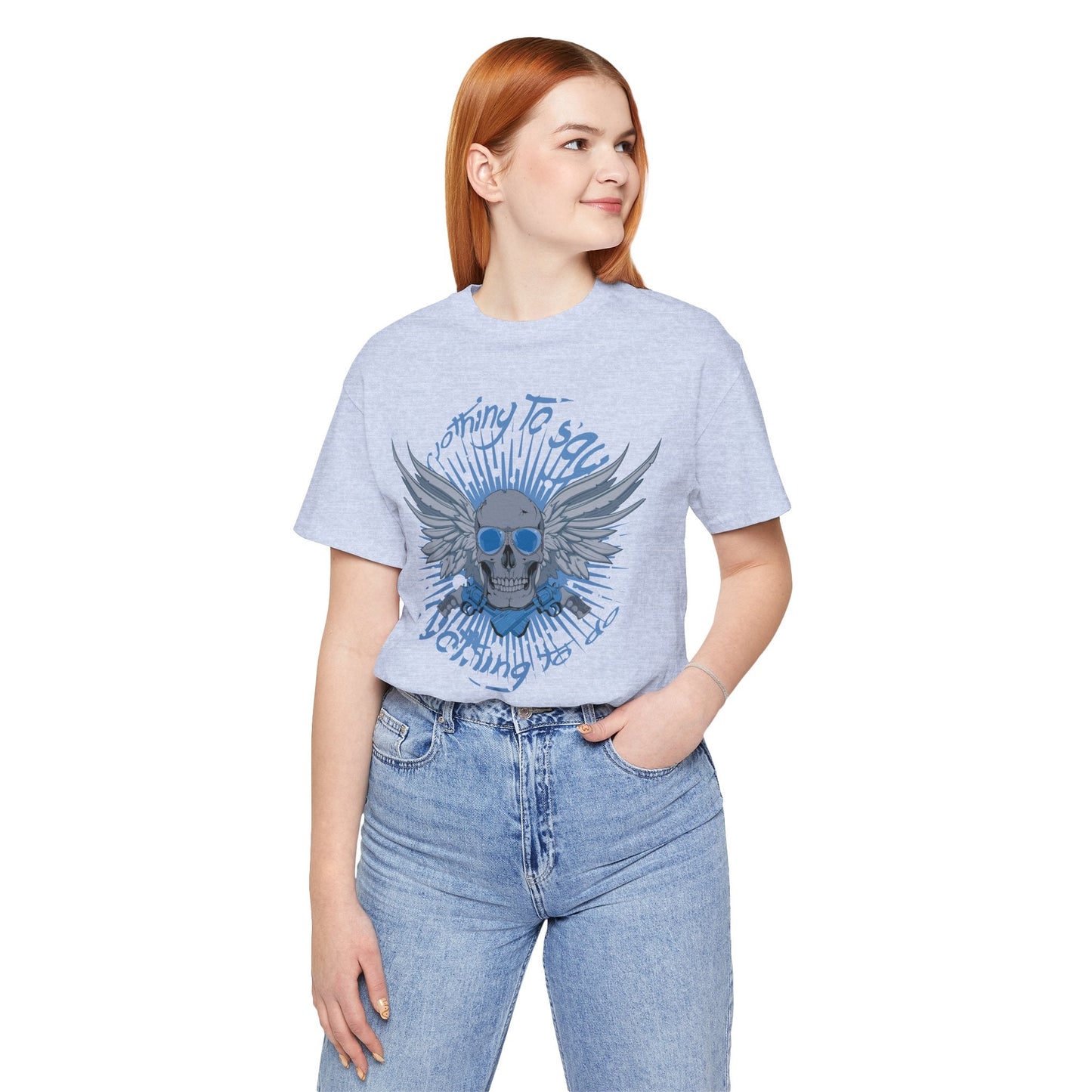 Winged Skull Graphic Tee | Blue Skull with Wings, Radiant Burst