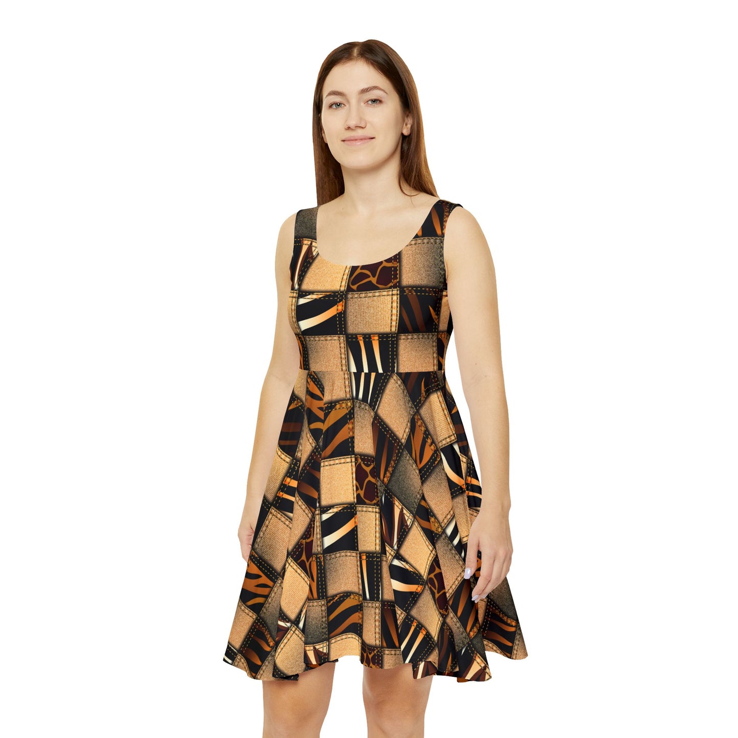 Women Denim Print Skater Dress, Denim Print Poly-Span Dress - 15