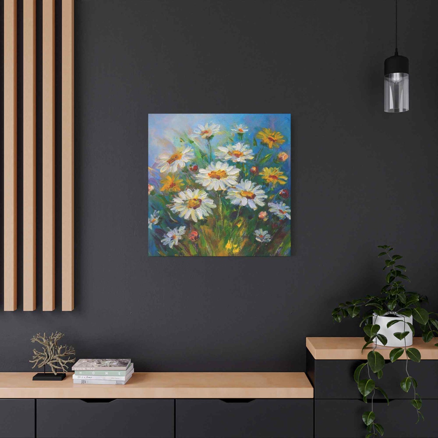 White Daisies Print Canvas, Floral Oil Paint Print 20x20, 24x24, 30x30, 32x32, 36x36 Art Design Pine-Wood Inner Frame MC-128