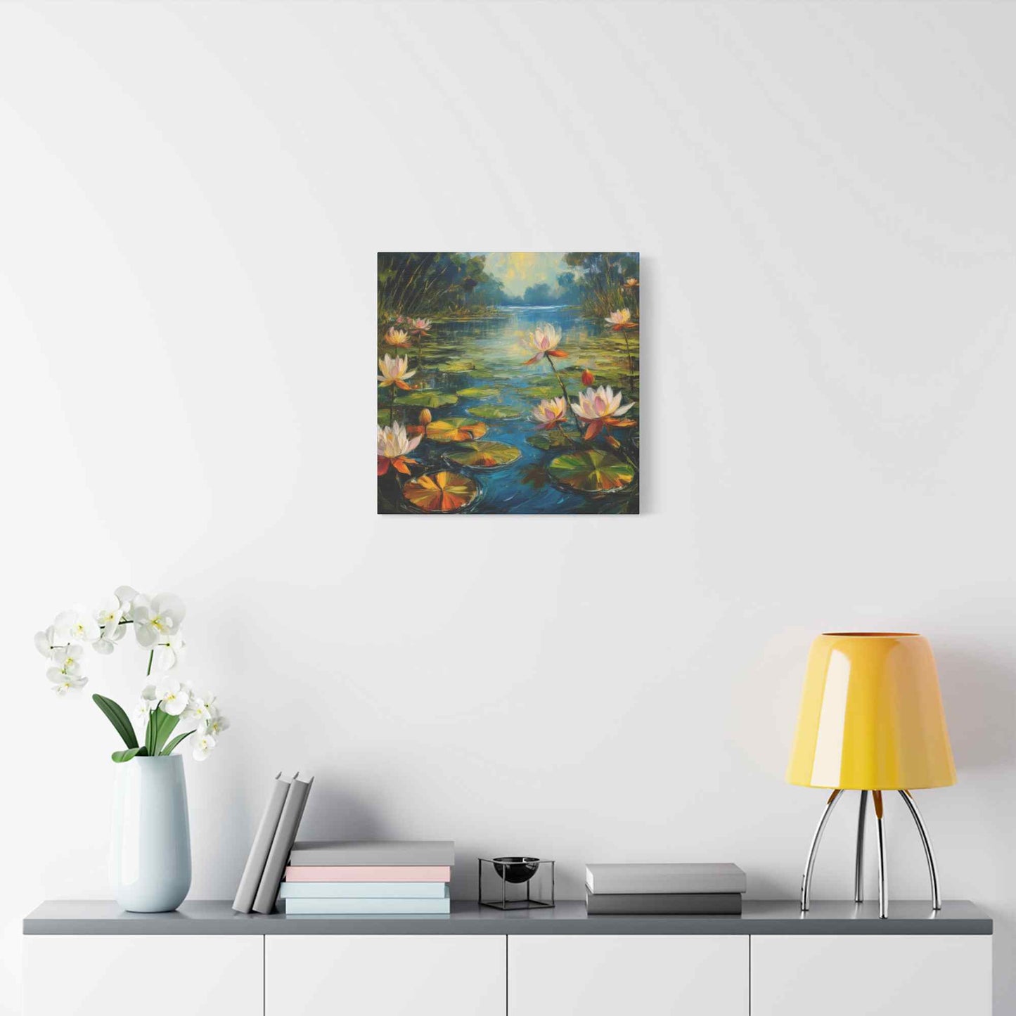 Water Lilies Print Canvas, Oil Paint Print 20x20, 24x24, 30x30, 32x32, 36x36 Art Design Print Pine-Wood Inner Frame MC-62