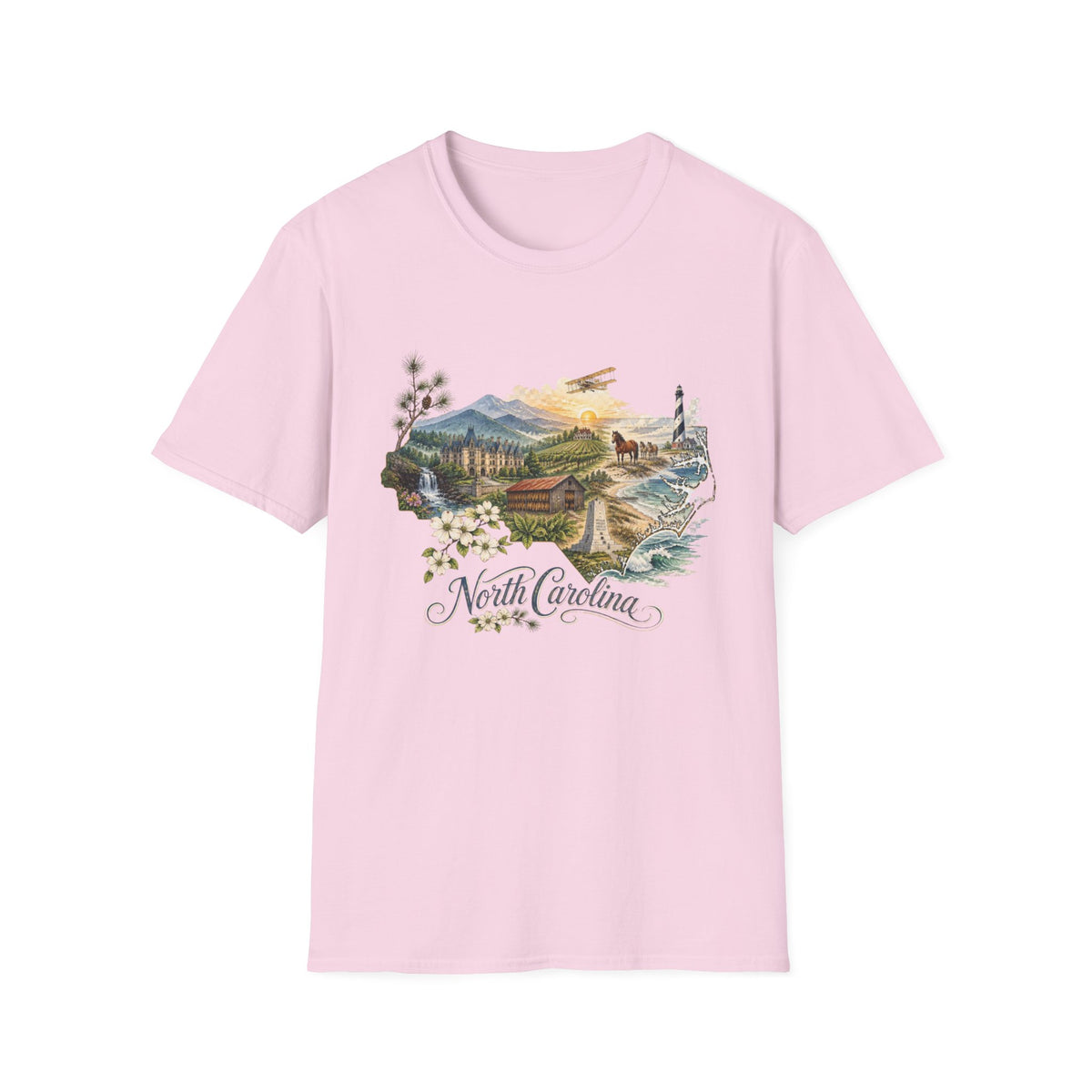 North Carolina State Travel Tourist Graphic Design Unisex 100 Cotton Gildan T-Shirt
