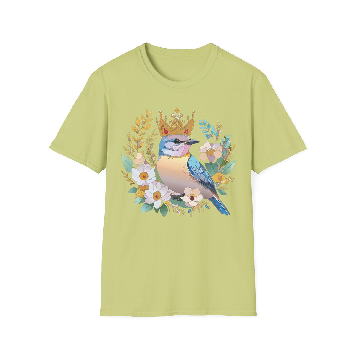 Crowned Bluebird Illustration T-Shirt | Floral Bird Crown Design
