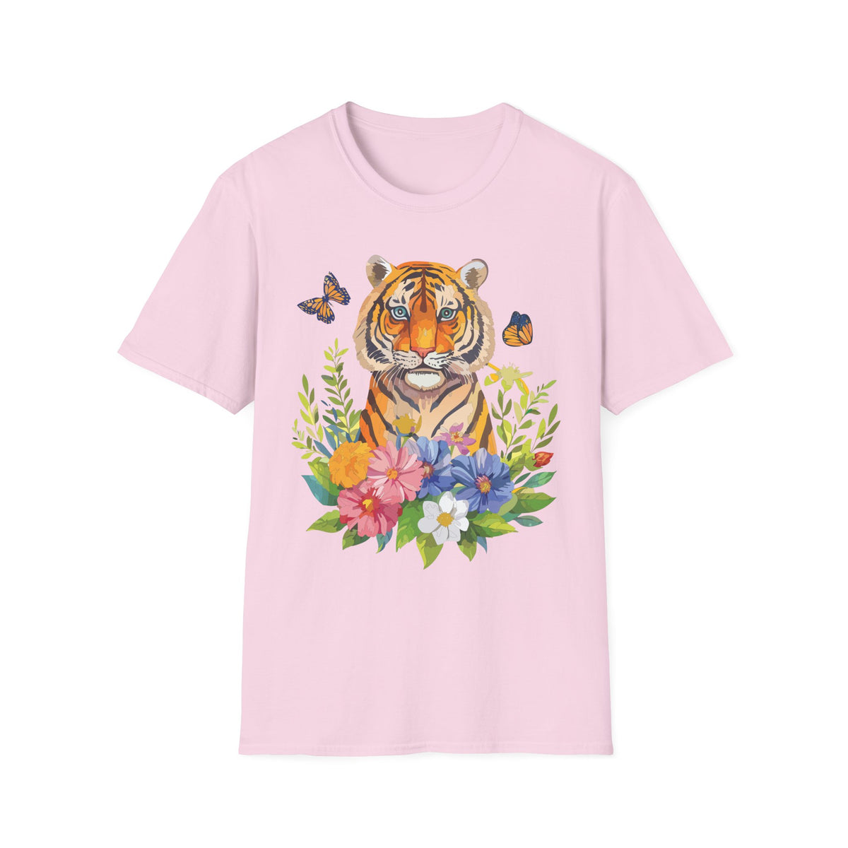 Tiger Portrait T-Shirt | Watercolor Tiger with Butterflies and Floral Accents Graphic Tee Unisex 100 Cotton Gildan T-Shirt