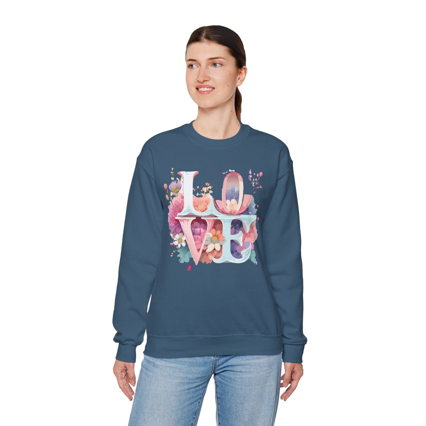 Floral Love Sweatshirt Valentines Day Flower Print Unisex Crewneck Heavy Blend Cotton Polyester