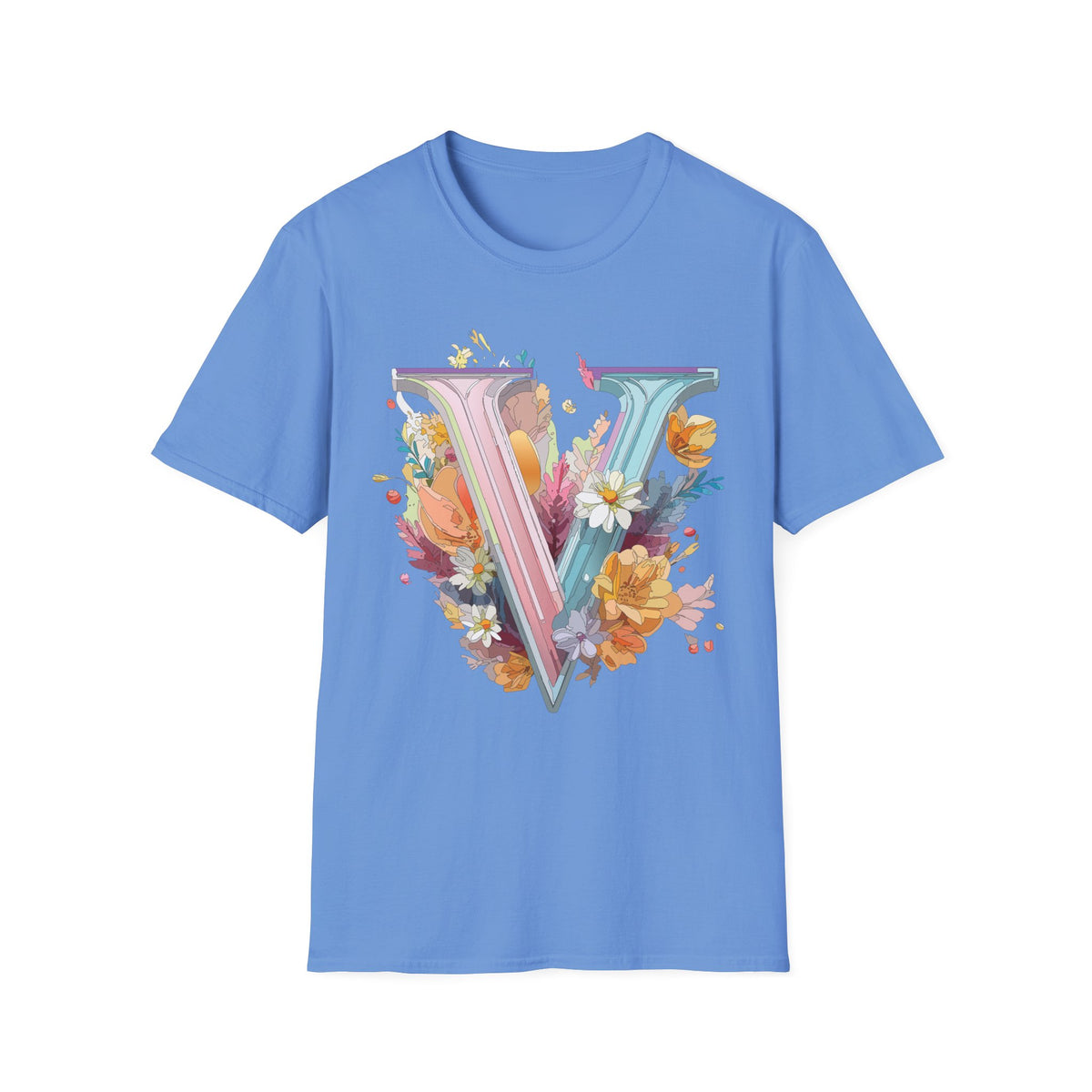 Floral Letter V T-Shirt | Pastel Botanical Initial Tee