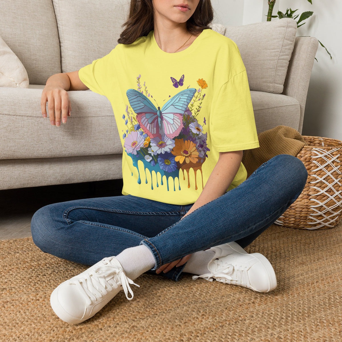 Butterfly Floral T-Shirt – Colorful Nature Garden Graphic Design Unisex 100 Cotton Gildan T-Shirt