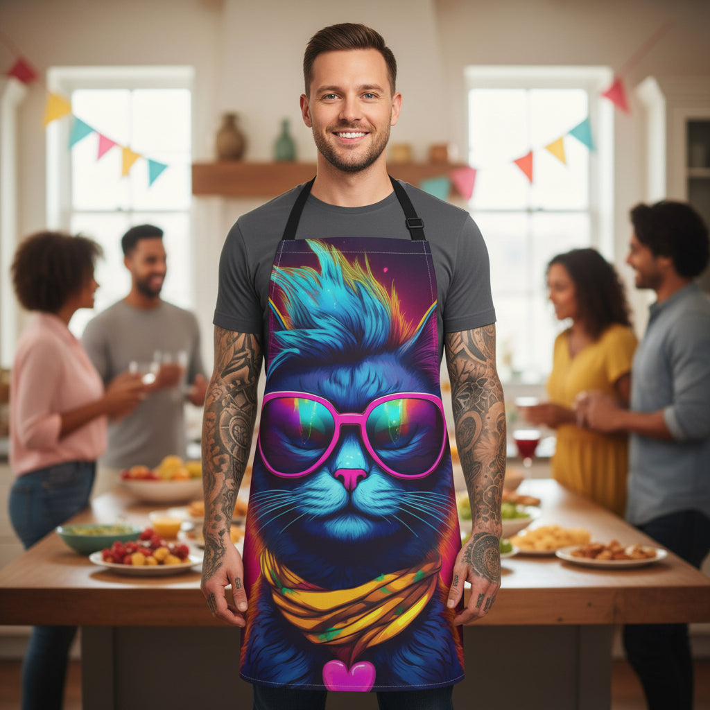Cat Apron — Neon Cool Cat with Sunglasses & Bandana, Colorful Kitchen Apron Stain-resistant 31.5 x 25.6 | Art Print Canvas Apron