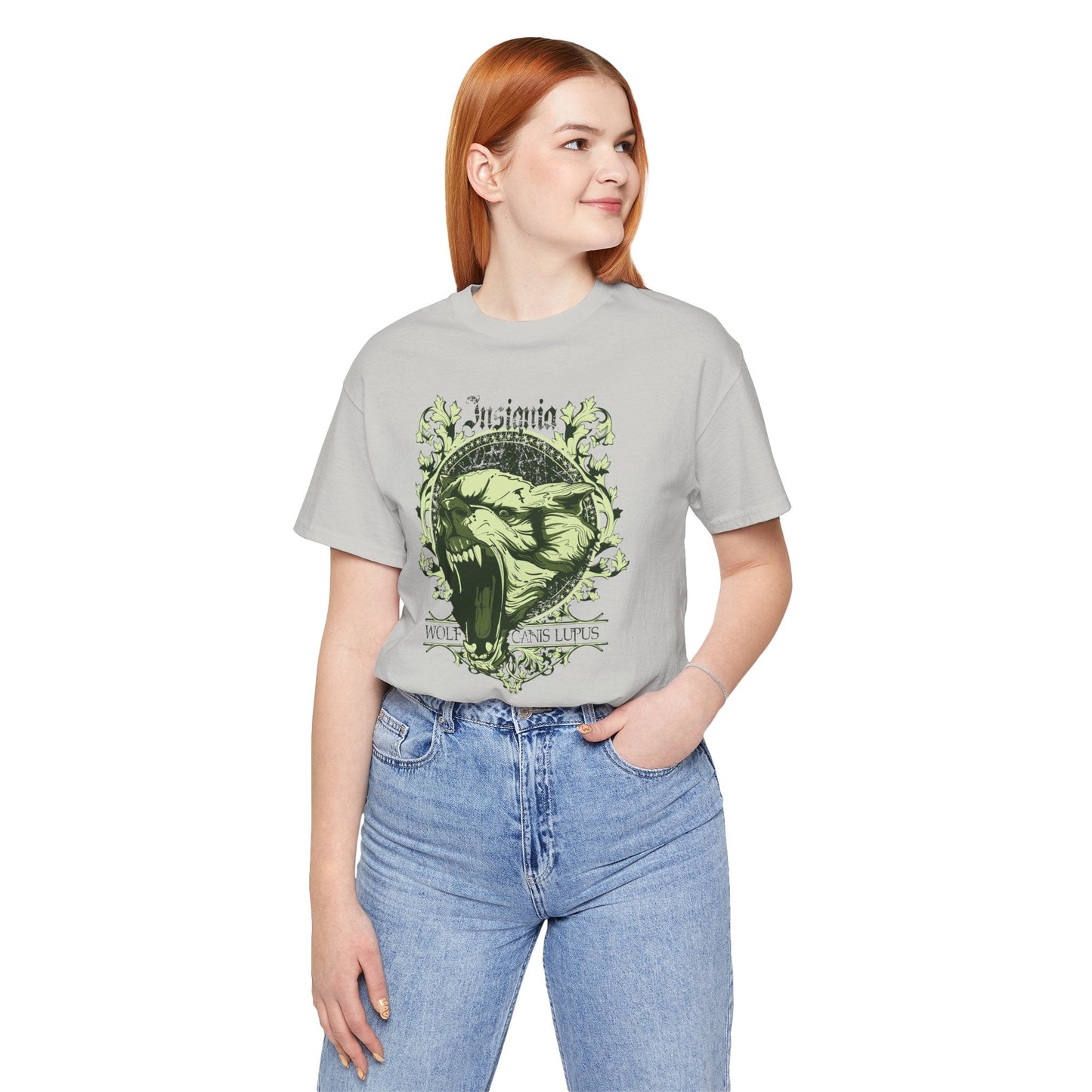 Howling Wolf Skull Tee Gothic Vintage Crest, Green Graphic Shirt Art-54