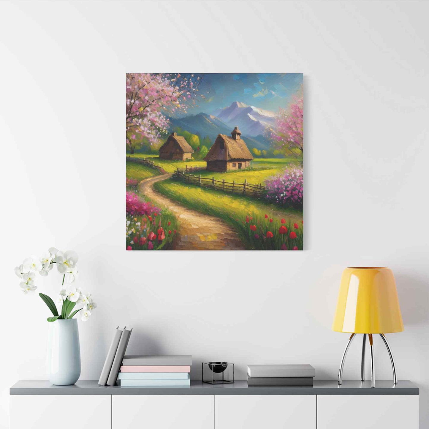 Countryside Spring Print Canvas, Oil Paint Print 20x20, 24x24, 30x30, 32x32, 36x36 Art Design Pine-Wood Inner Frame MC-108