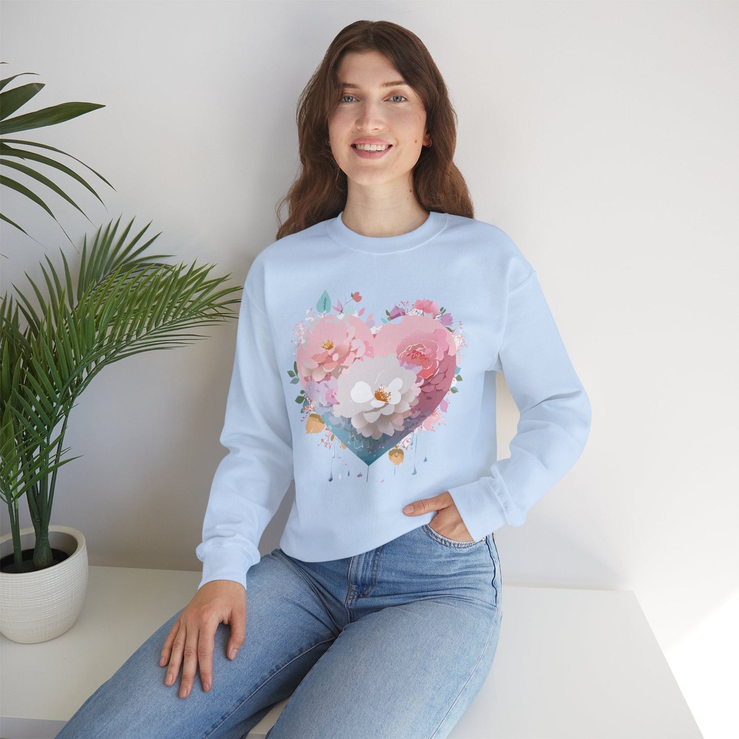 Unisex Floral Heart Sweatshirt For Valentines Day With Love Floral Print Crewneck