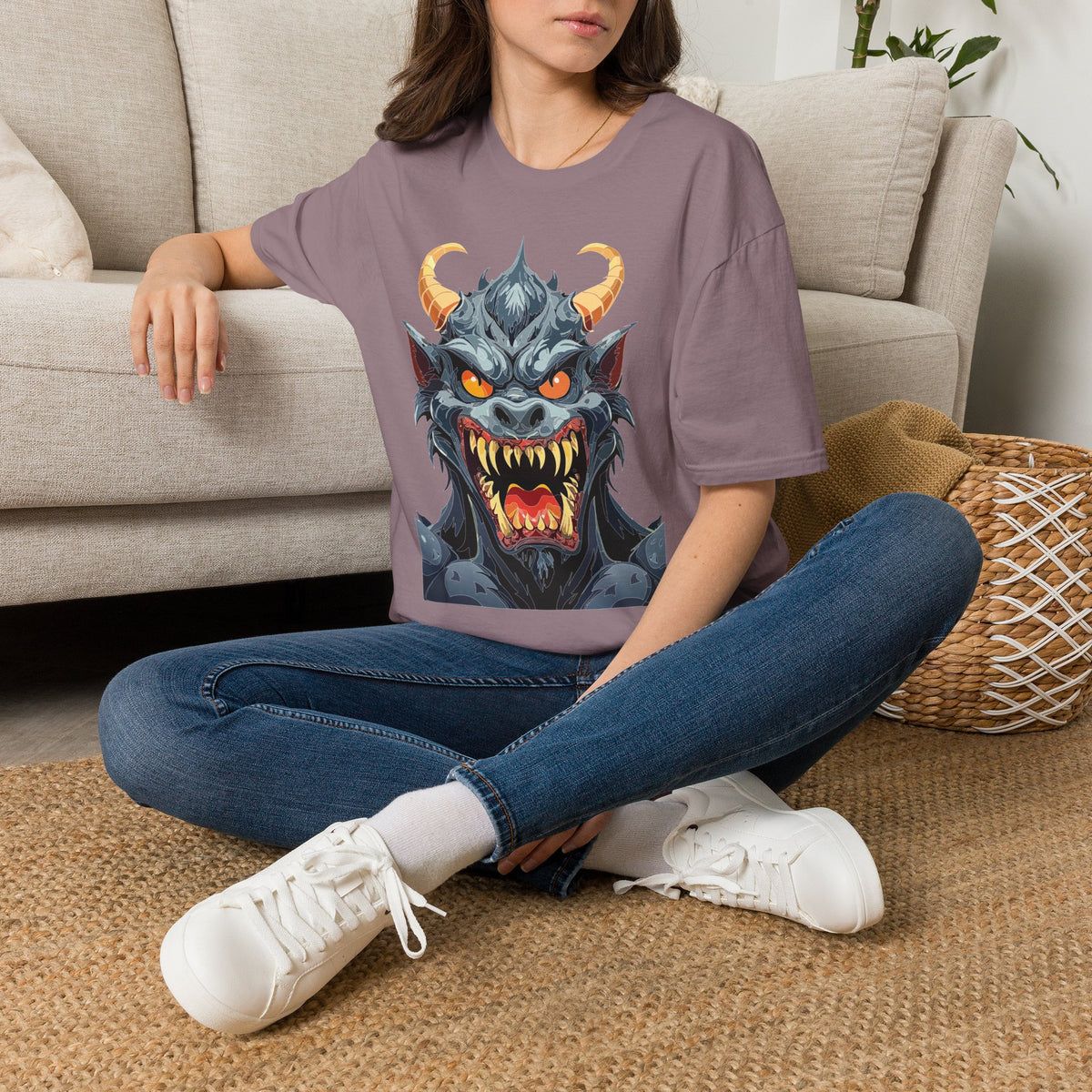 Demonic Monster Face T-Shirt — Fierce Horned Demon Cartoon Graphic Tee Unisex 100 Cotton Gildan T-Shirt