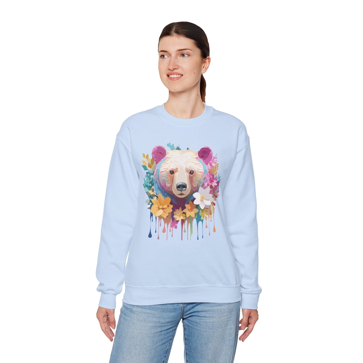 Unisex Floral Bear Sweatshirt With Art Design Gildan 18000 Crewneck