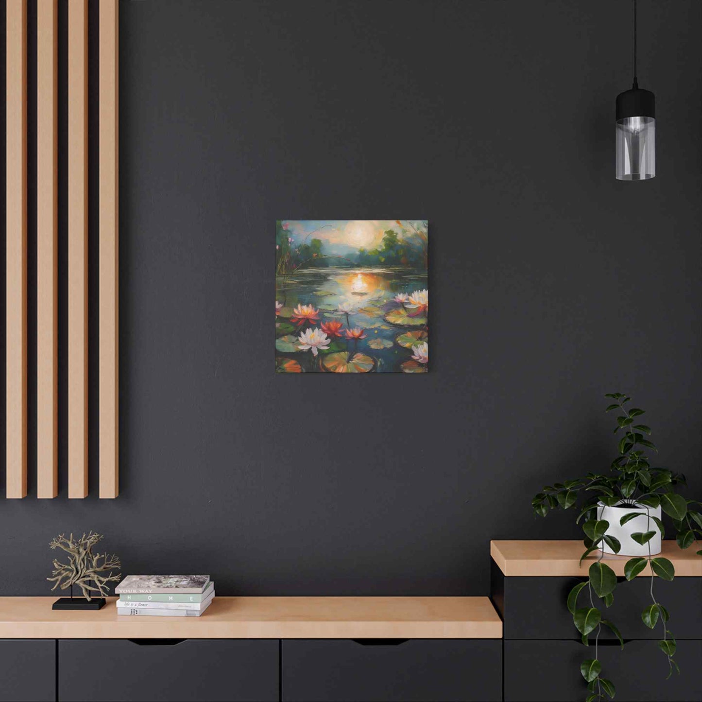 Water Lilies Print Canvas, Oil Paint Print 20x20, 24x24, 30x30, 32x32, 36x36 Floral Art Print Pine-Wood Inner Frame MC-66