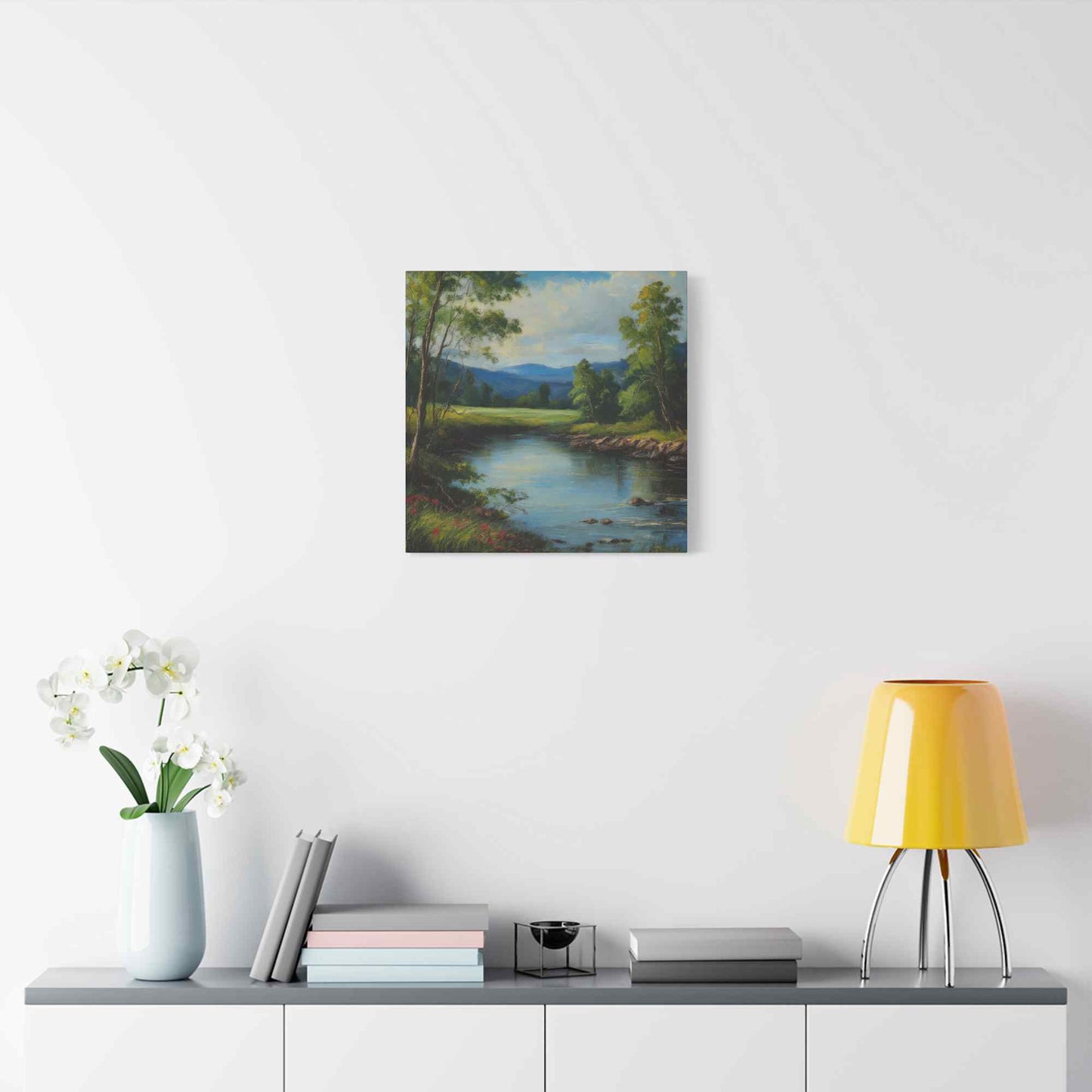 River Print Canvas, Landscape Oil Paint Print 20x20, 24x24, 30x30, 32x32, 36x36 Art Design Print Pine-Wood Inner Frame MC-53
