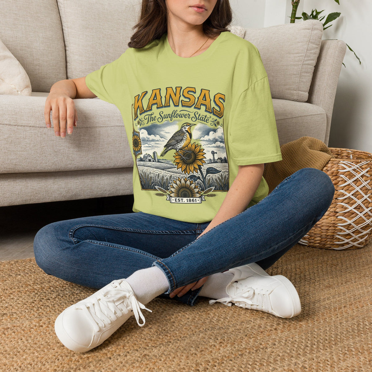 Kansas The Sunflower State T-Shirt | Vintage Meadow Bird Sunflower Design