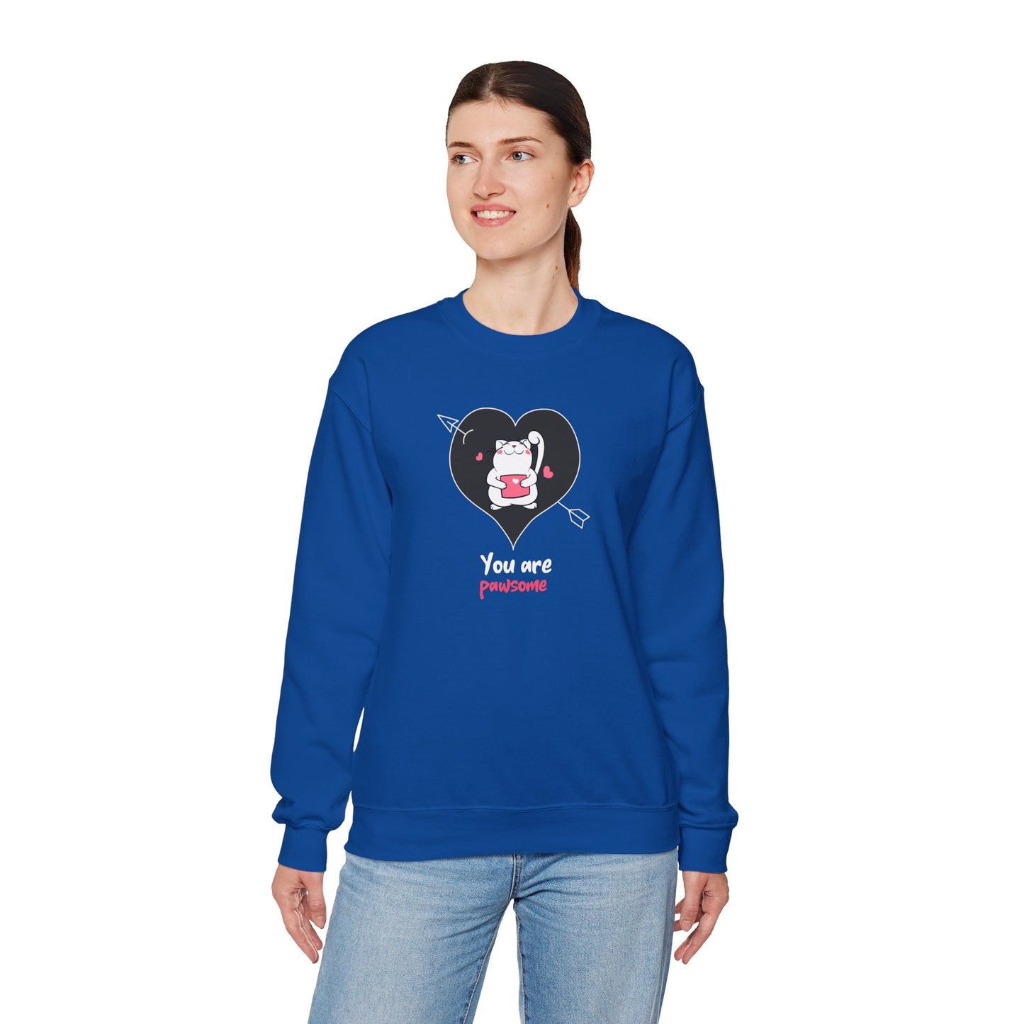 Cat Heart Sweatshirt Unisex Valentines Day Fifty Fifty Cotton Poly Crewneck Gildan 18000