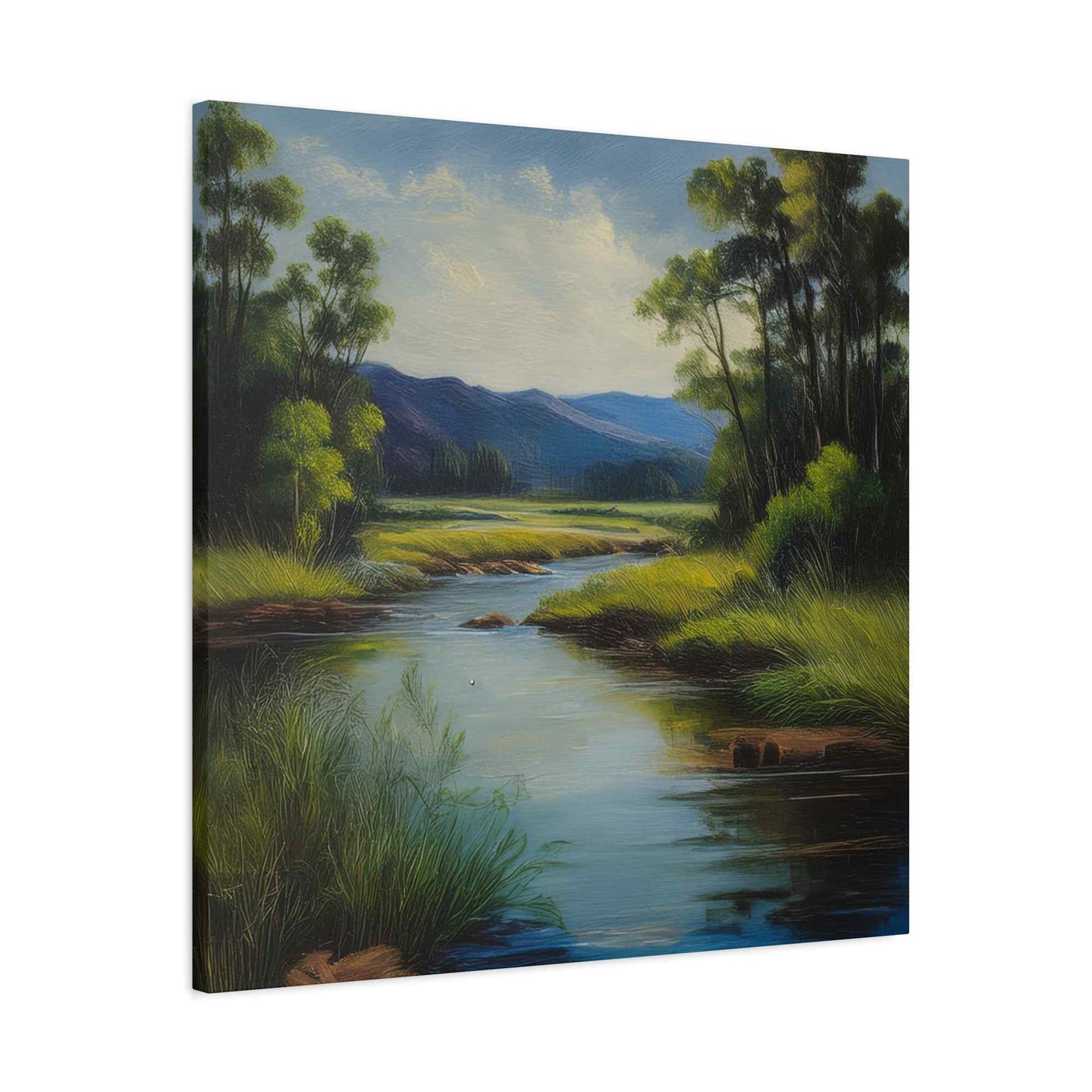 River Print Canvas, Landscape Oil Paint Print 20x20, 24x24, 30x30, 32x32, 36x36 Art Design Print Pine-Wood Inner Frame MC-54