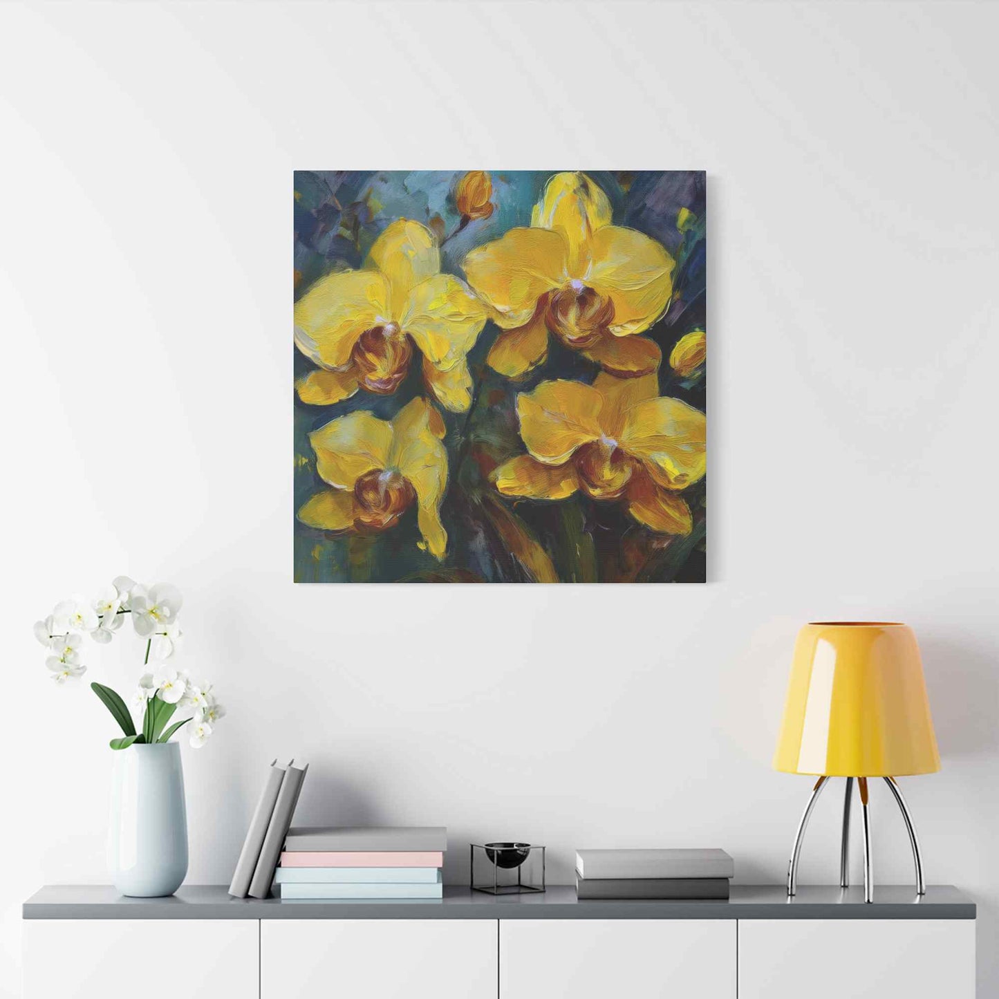 Yellow Orchids Print Canvas, Floral Oil Paint Print 20x20, 24x24, 30x30, 32x32, 36x36 Art Design Pine-Wood Inner Frame MC-138