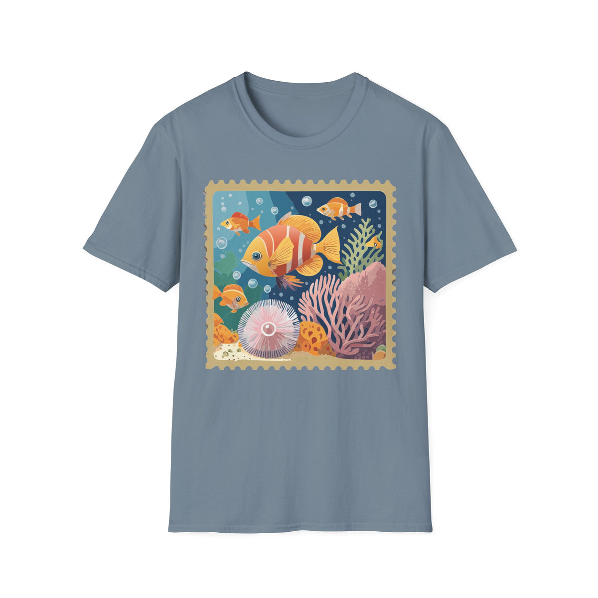 Tropical Clownfish Stamp Tee | Fish Reef Illustration Graphic Tee Unisex 100 Cotton Gildan T-Shirt