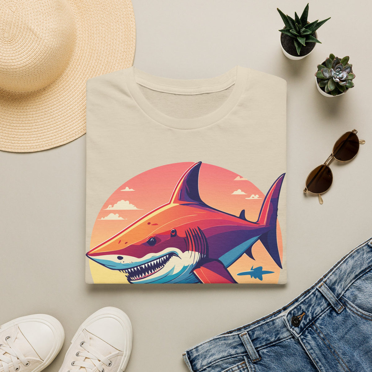 Sunset Shark Graphic T-Shirt | Retro Ocean Illustration