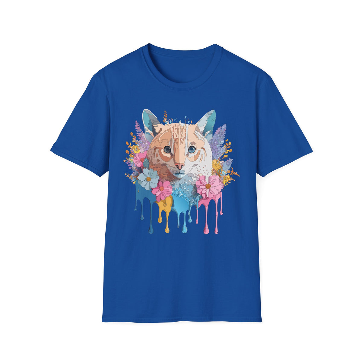 Watercolor Cat Face T-Shirt | Floral Drip Art, Colorful Kitty Tee