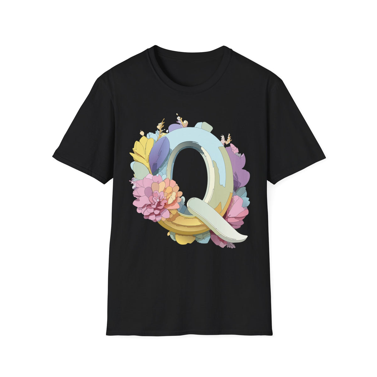 Floral Letter Q T-Shirt | Pastel Monogram Tee, Botanical Initial Shirt