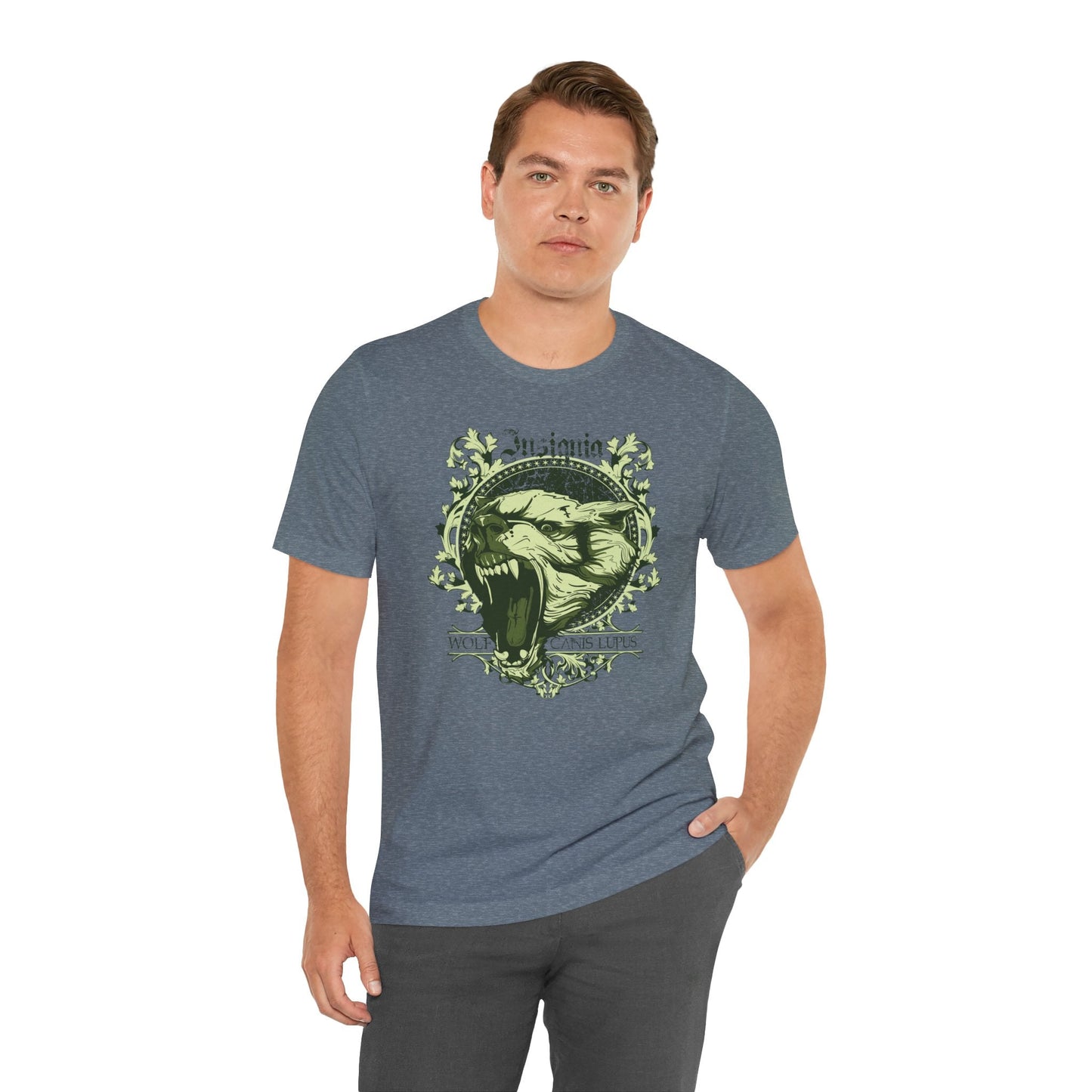 Howling Wolf Skull Tee Gothic Vintage Crest, Green Graphic Shirt Art-54