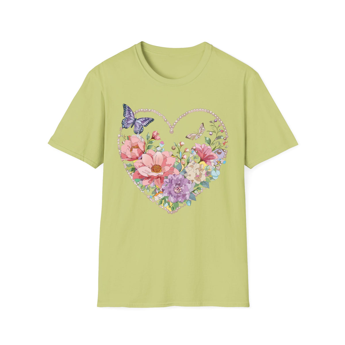 Floral Heart with Butterflies T-Shirt | Romantic Spring Garden Graphic Tee Unisex 100 Cotton Gildan T-Shirt