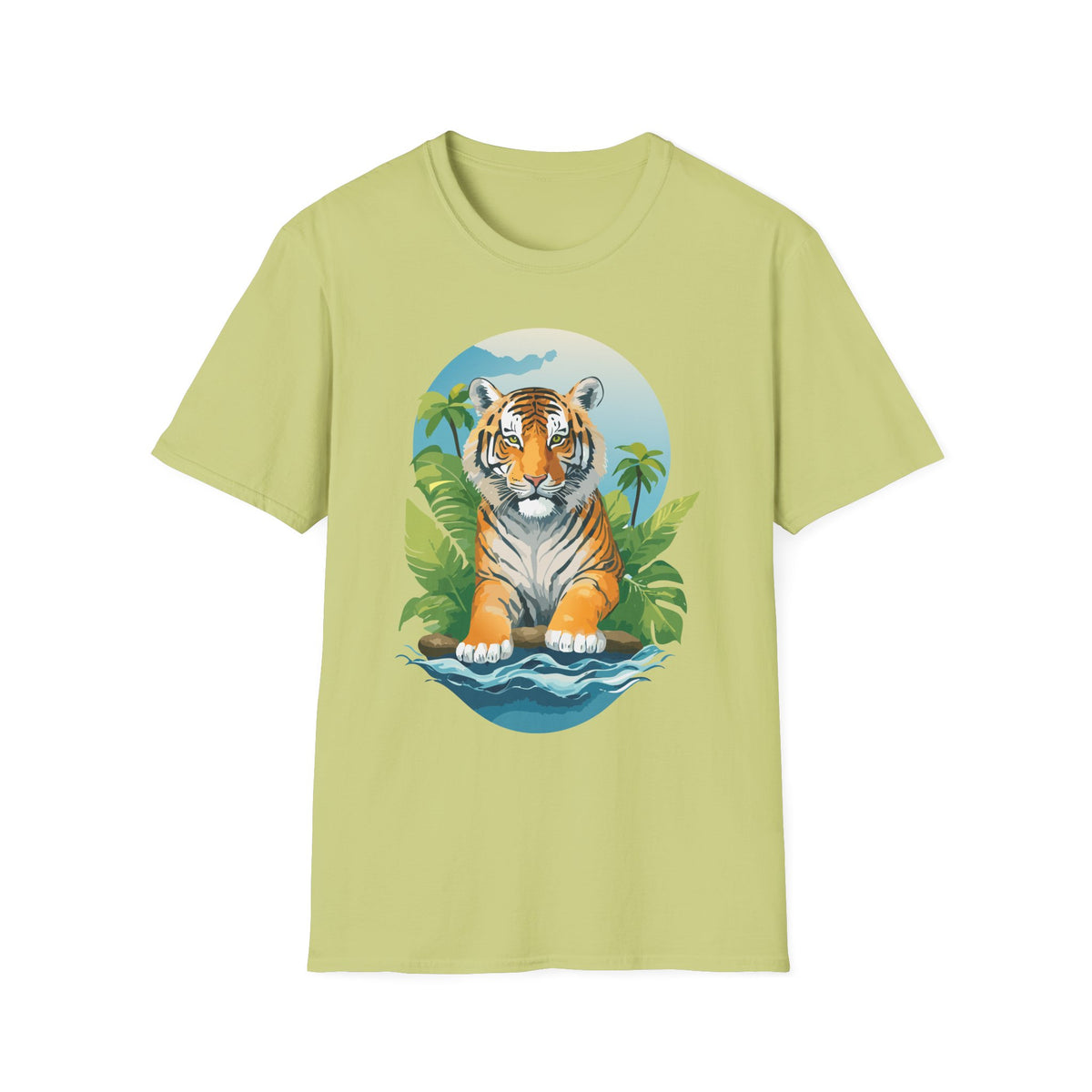 Tropical Tiger Illustration T-Shirt | Jungle Palm Sunset Tee