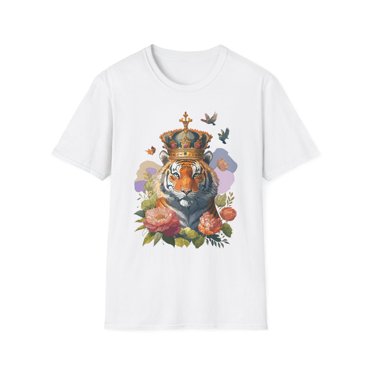 Crowned Tiger Illustration T-Shirt | Floral, Birds, Regal Wildlife Art - Unisex 100 Cotton Gildan 64000