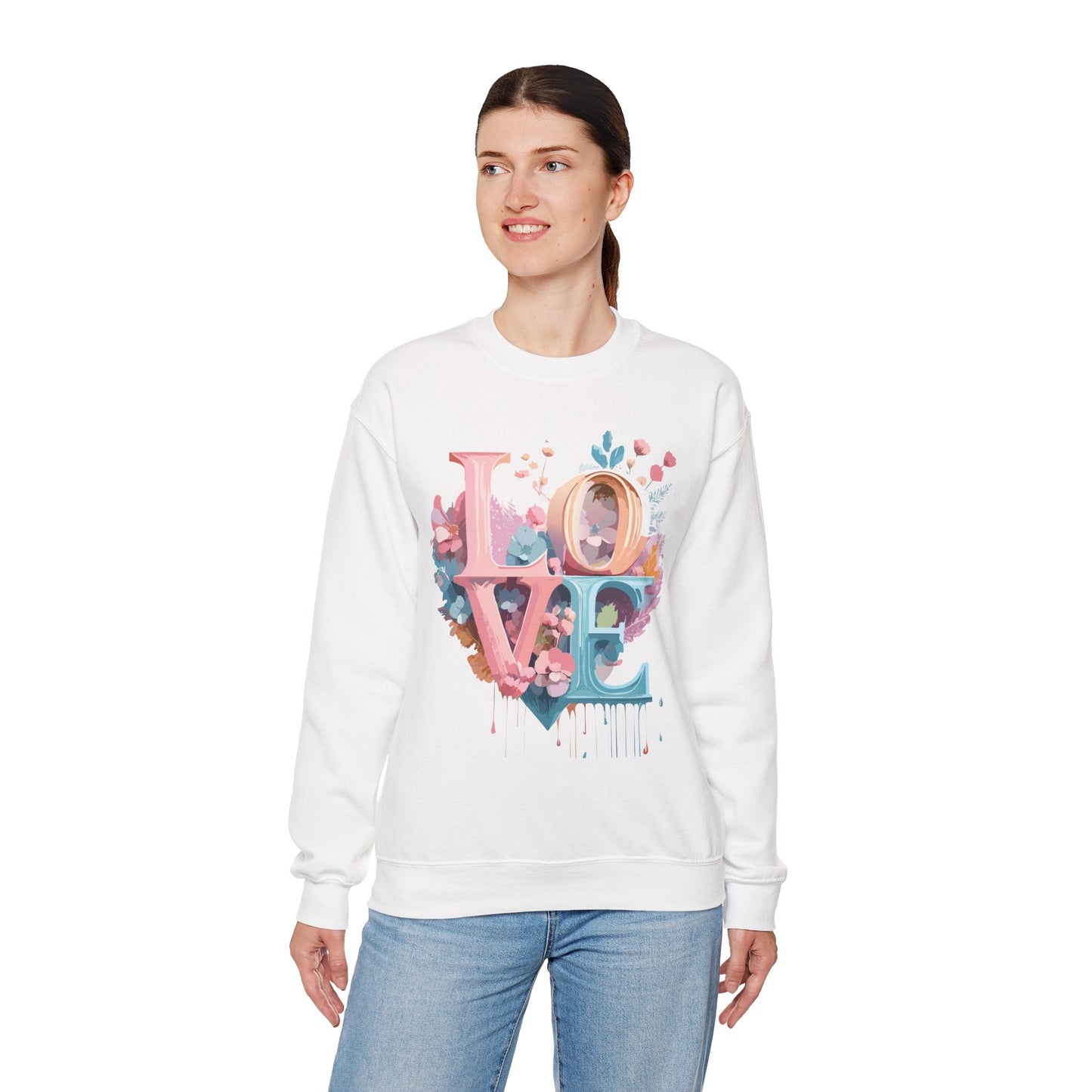 Floral Love Sweatshirt For Valentines Day Unisex Crewneck Fifty Fifty Cotton Polyester
