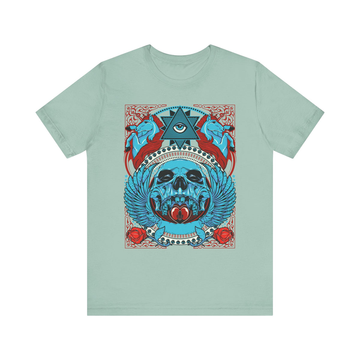 All-Seeing Skull Illustration Tee Winged Skull Third Eye Roses T-Shirt