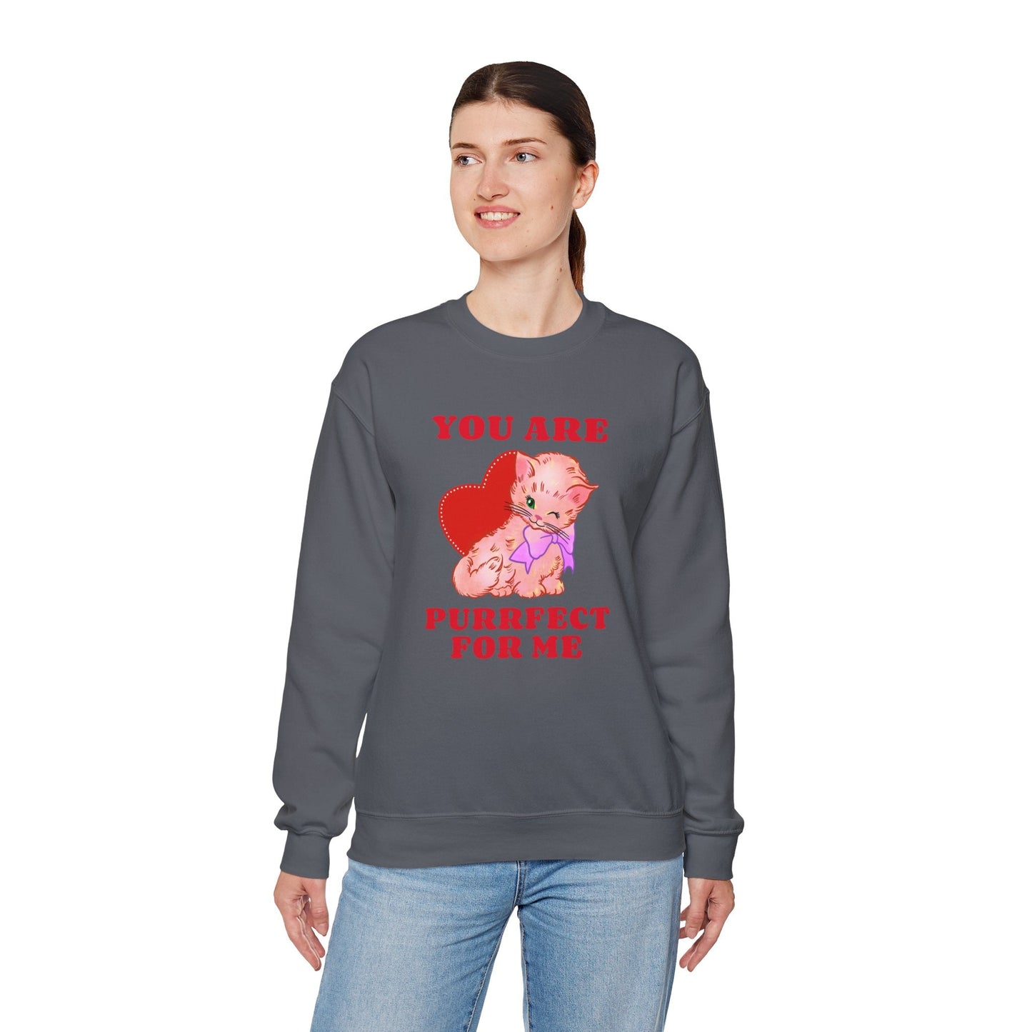 Cat Heart Sweatshirt Unisex Valentines Day Fifty Fifty Cotton Poly Blend Crewneck