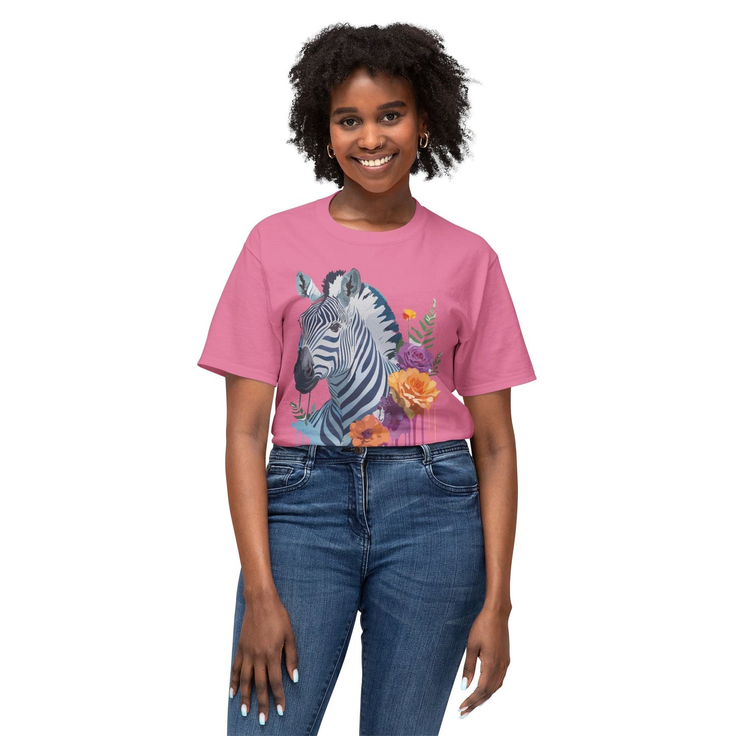 Unisex Zebra T Shirt With Floral Art Print Premium HD Cotton Jersey Tee Made In USA