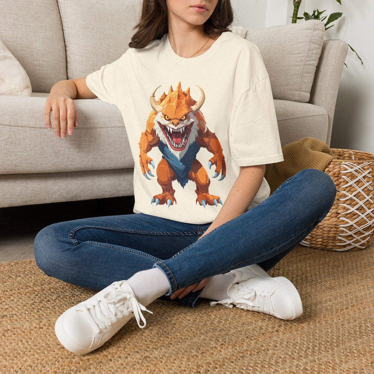 Monster Graphic T-Shirt — Fierce Orange Demon Creature Cartoon Graphic Tee Unisex 100 Cotton Gildan T-Shirt