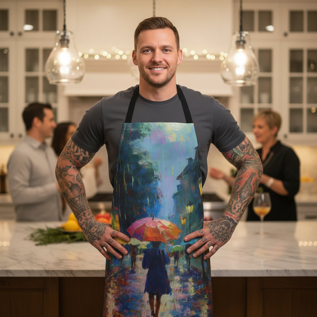 Rainy Cityscape Apron — Colorful Impressionist Umbrella Kitchen Apron Stain-Resistant - Art Print Canvas Apron