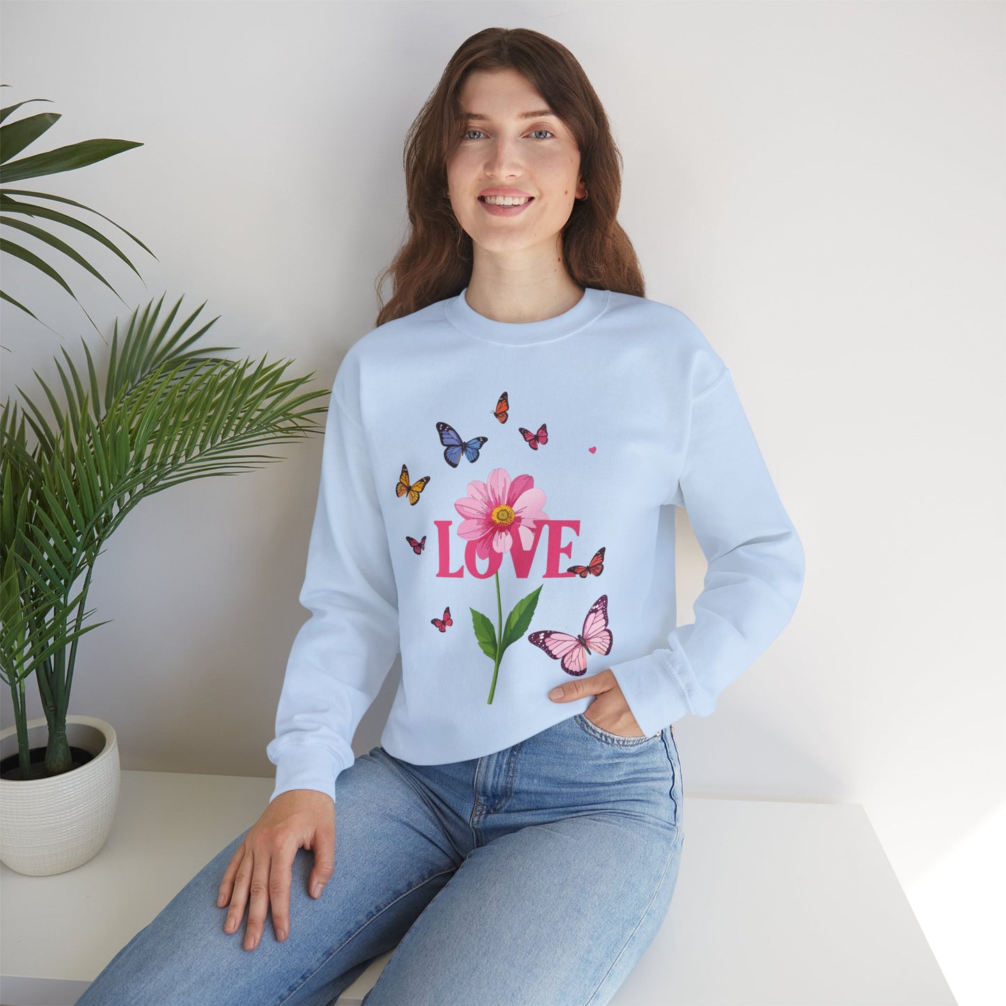 Unisex Floral Love Sweatshirt, Love Floral Sweatshirt, Floral Butterfly Sweatshirt, 50/50 Cotton-Poly Valentine's Day Sweatshirt 01