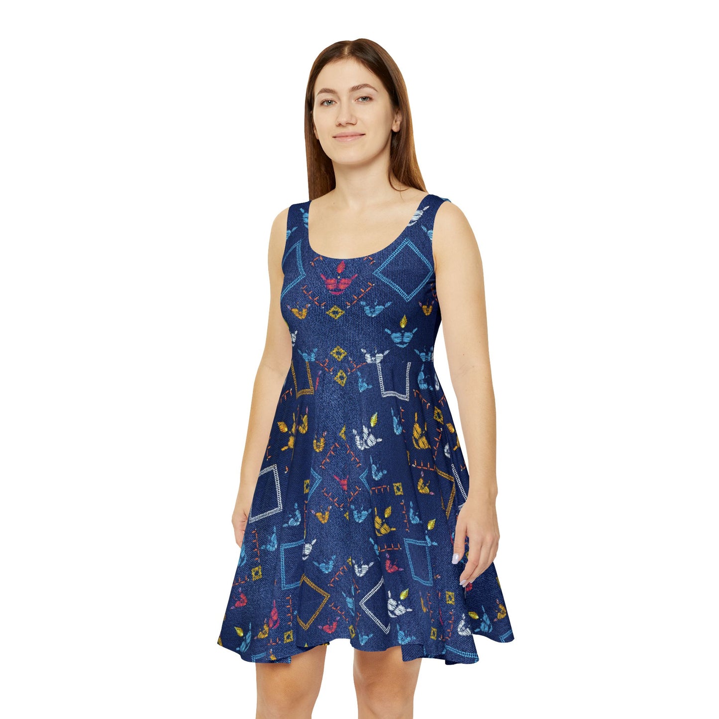 Women Denim Print Skater Dress, Denim Print Poly-Span Dress - 44