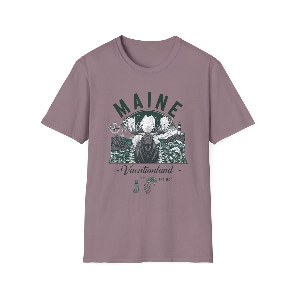 Maine Vacationland Moose T-Shirt — Rustic Coastal State Pride Tee Travel Tourist Graphic Design Unisex 100 Cotton Gildan T-Shirt