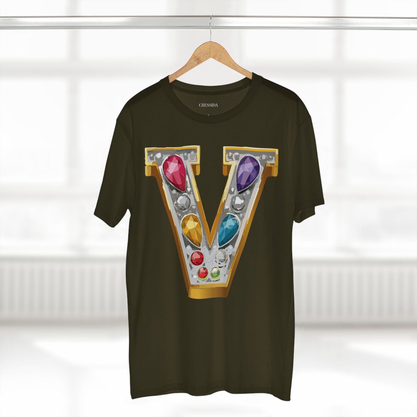 Letter V Graphic Design Tee Unisex 100 Cotton With Antique Gold Letters Artwork T-Shirt