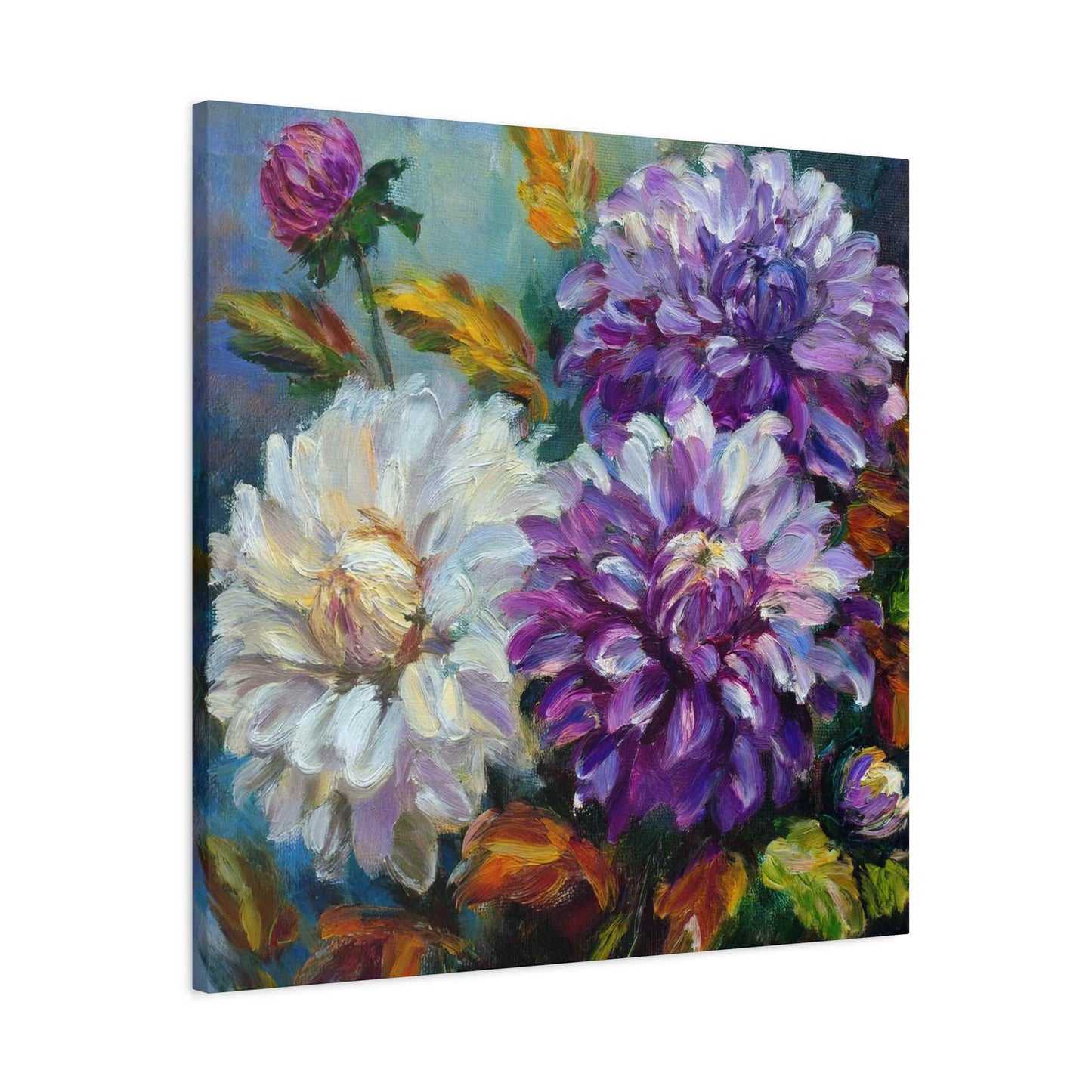 Dahlias Floral Print Canvas, Floral Oil Paint Print 20x20, 24x24, 30x30, 32x32, 36x36 Art Design Pine-Wood Inner Frame MC-173