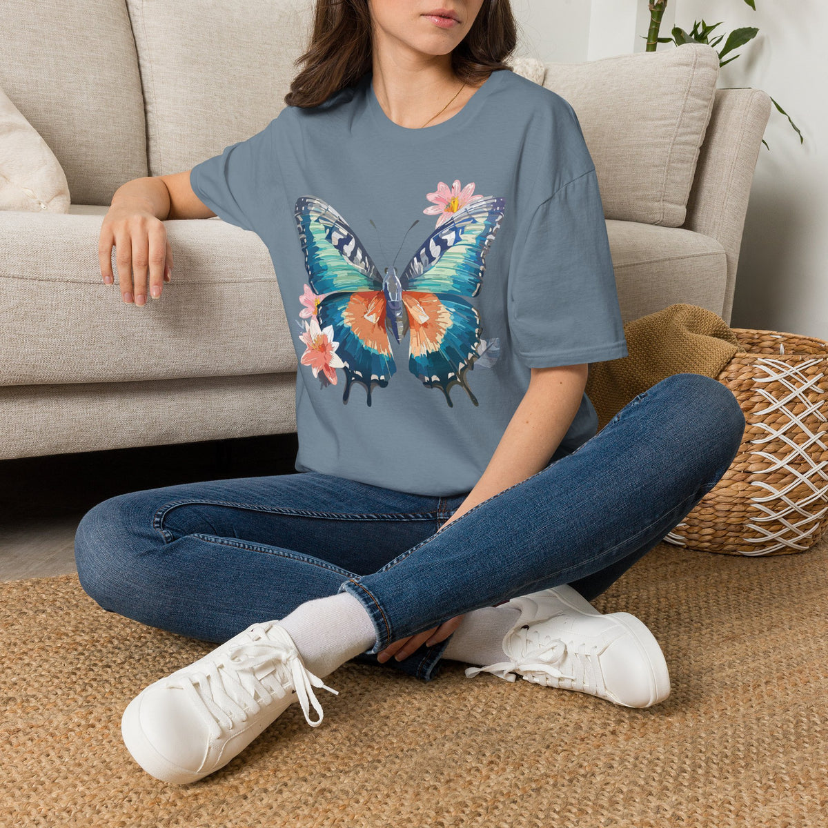 Butterfly Watercolor T-Shirt — Floral Blue Orange Butterfly Graphic Tee Unisex 100 Cotton Gildan T-Shirt