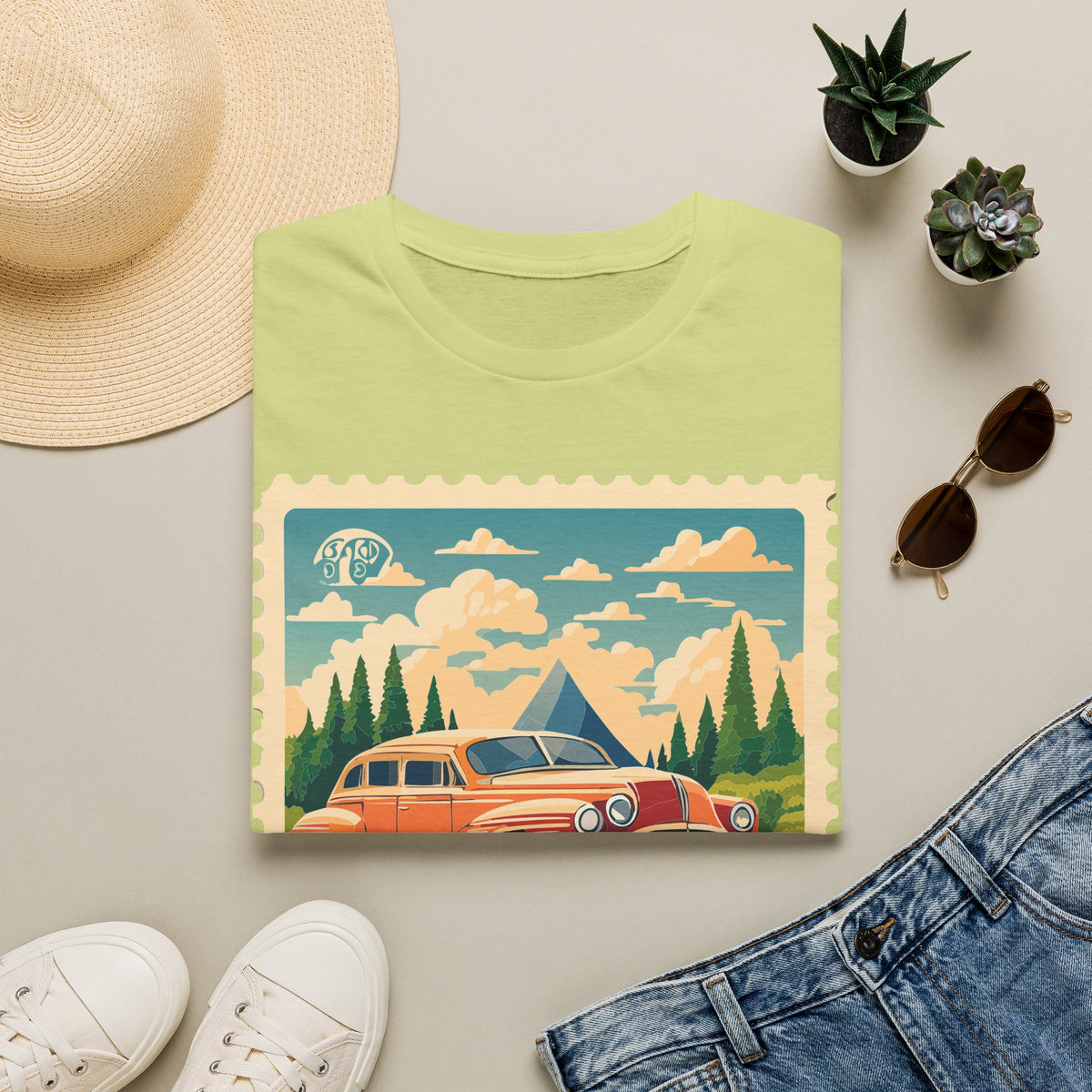 Vintage Road Trip Car T-Shirt | Retro Camper Scenic Stamp Graphic Tee Unisex 100 Cotton Gildan T-Shirt