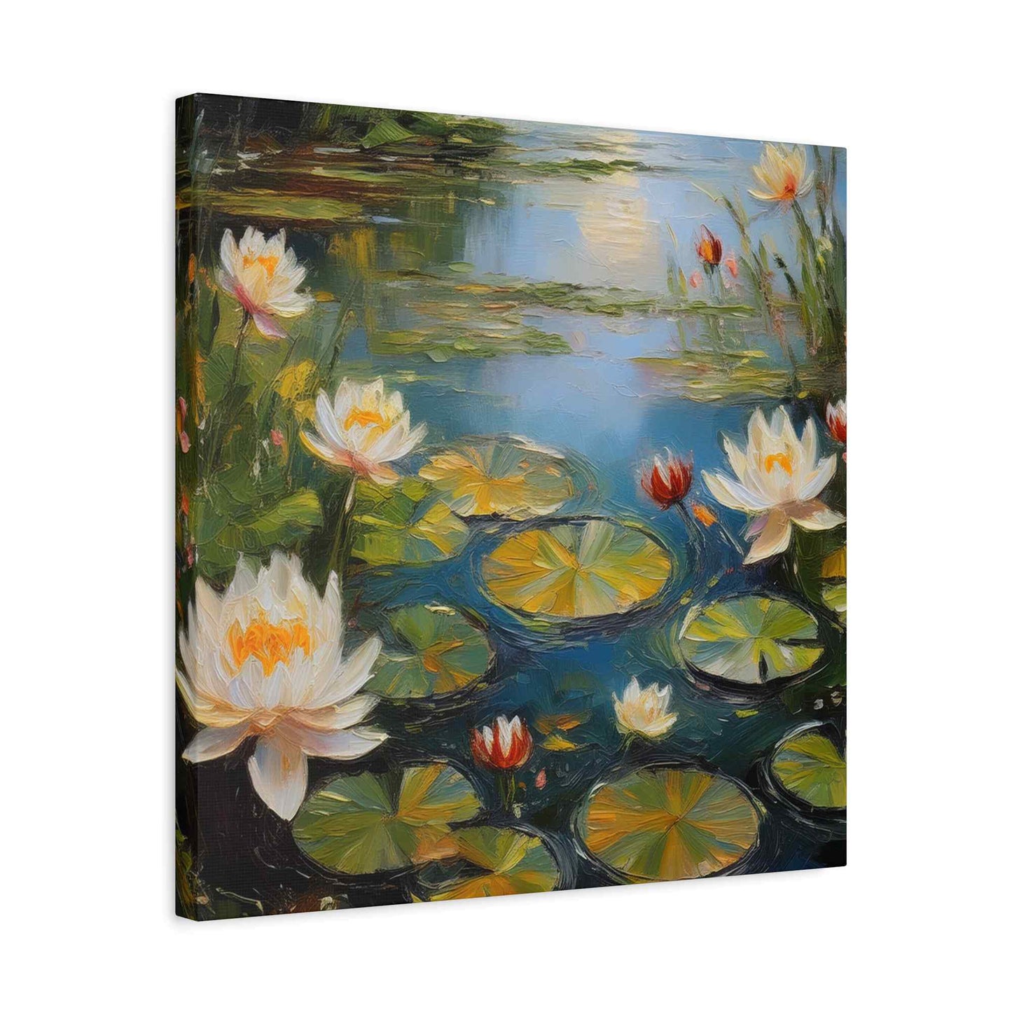 Water Lilies Print Canvas, Oil Paint Print 20x20, 24x24, 30x30, 32x32, 36x36 Floral Art Print Pine-Wood Inner Frame MC-64
