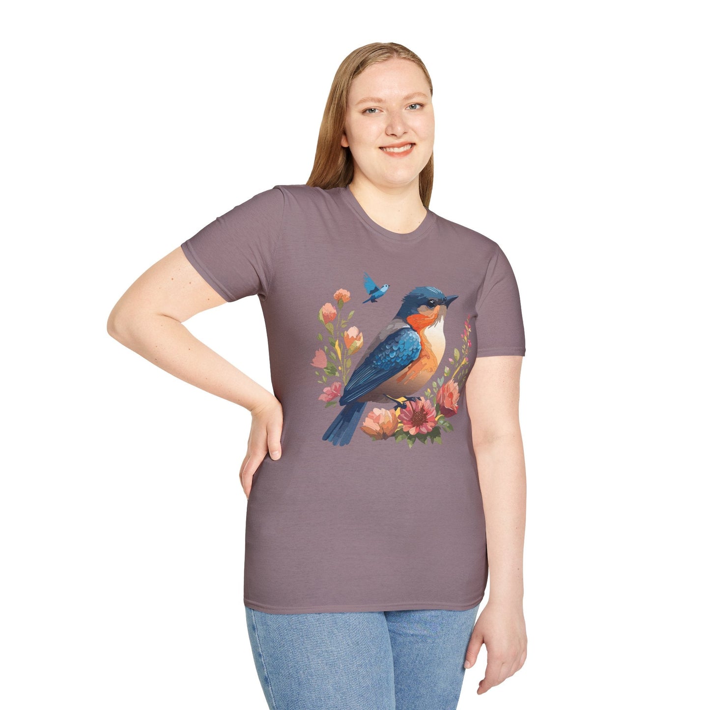 Unisex Floral Bird T Shirt Softstyle 64000 Gildan Ring Spun Cotton Tee Relaxed Fit