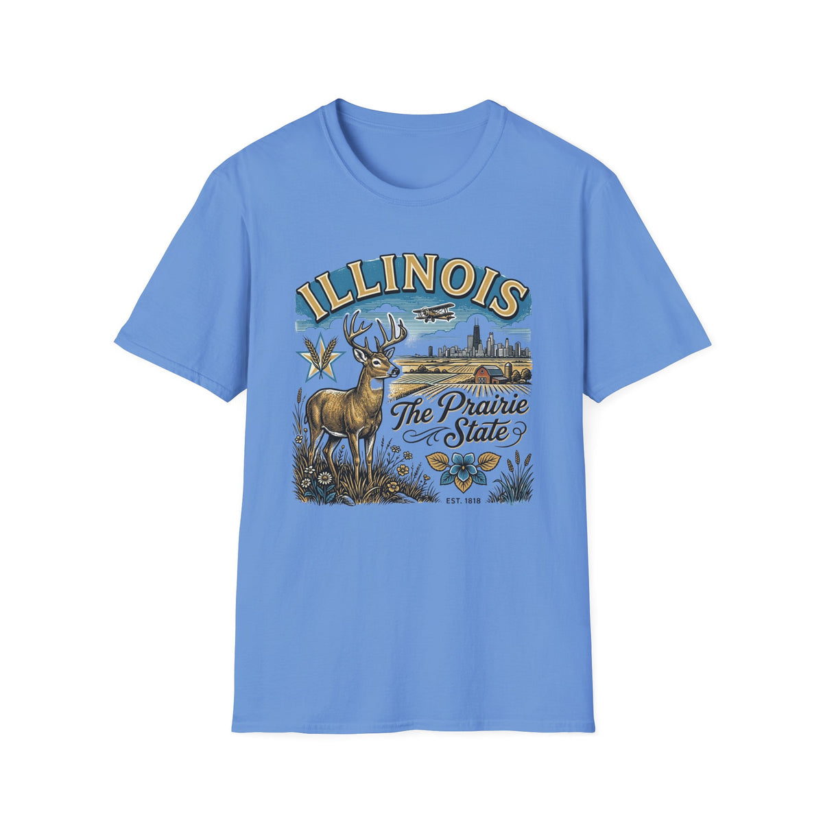 Illinois The Prairie State T-Shirt — Deer & Skyline Vintage Travel Tourist Graphic Tee Unisex 100 Cotton Gildan T-Shirt
