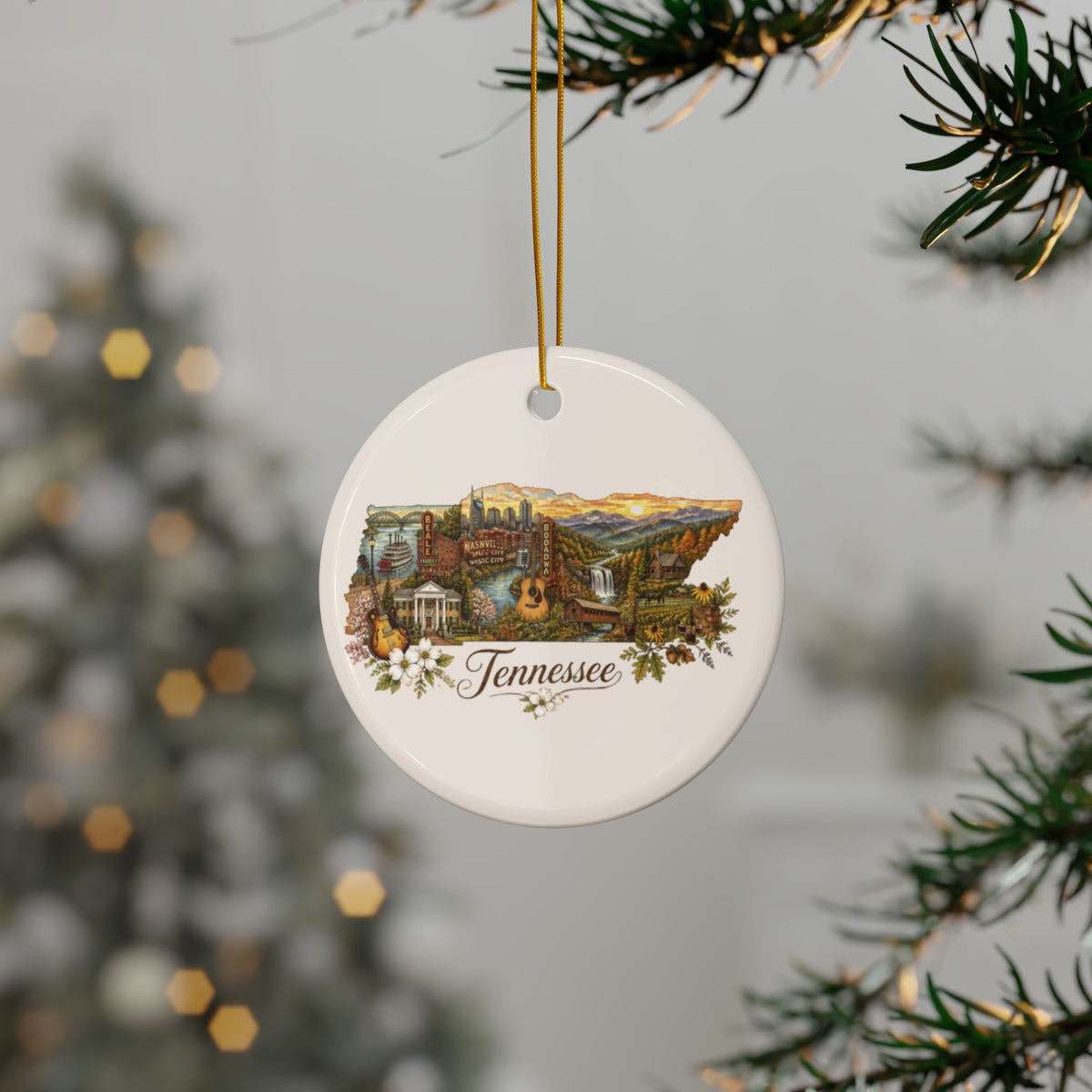 Tennessee Collage Ceramic Ornament | State Landmark Round Ornament - 2.99" Includes Gold String
