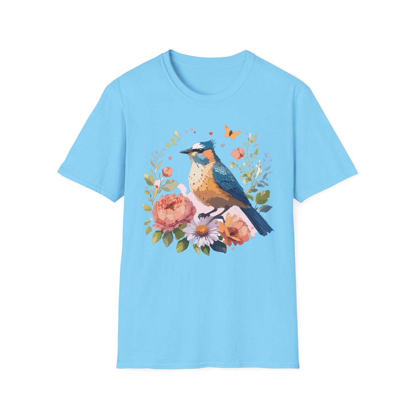 Floral Bluebird T-Shirt Unisex Cotton Short Sleeves Tee Shirt with Bird 3