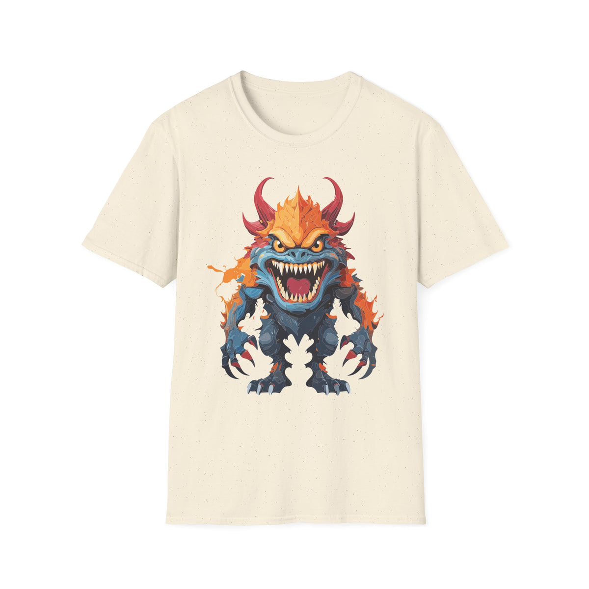 Monster T-Shirt — Fiery Demon Creature Cartoon Graphic Tee Unisex 100 Cotton Gildan T-Shirt