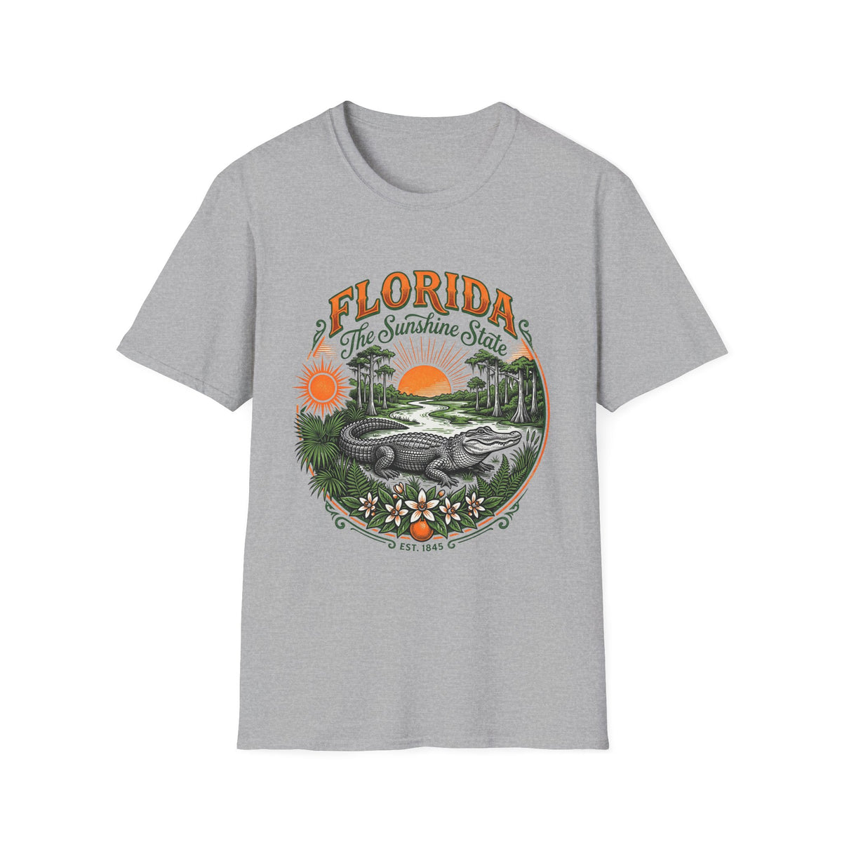 Florida The Sunshine State T-Shirt — Vintage Alligator Sunset Travel Tourist Graphic Design Unisex 100 Cotton Gildan T-Shirt